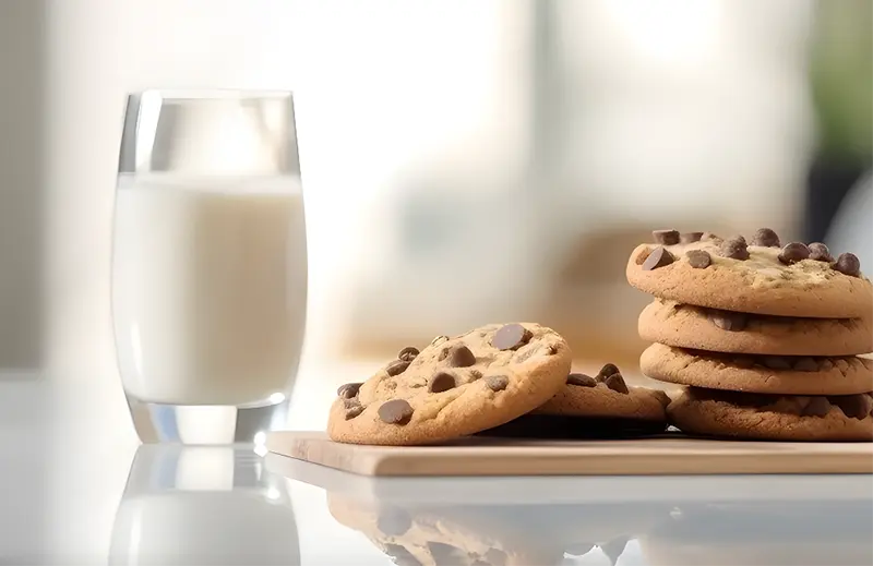 Vaso con leche de maní y galletas