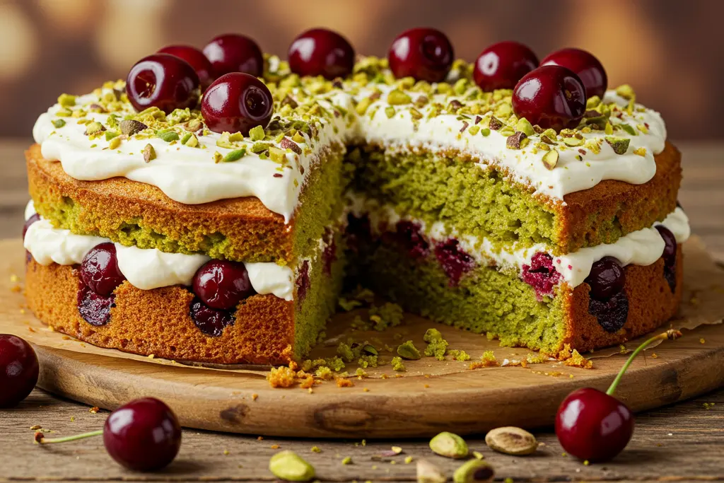 torta humeda pistachos cerezas